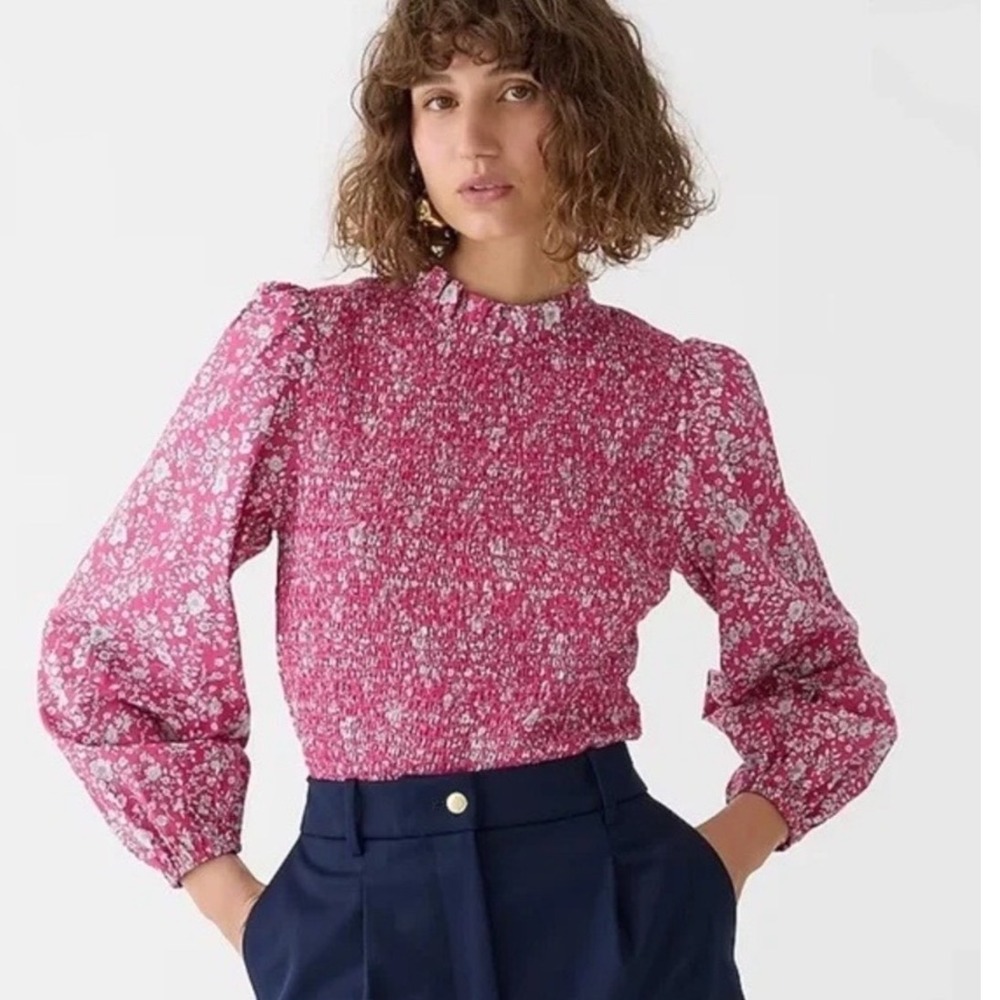J.Crew Liberty Fabric Smocked Top Womens L Pink Floral Ruffle Long Sleeve